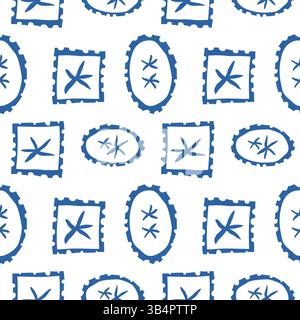 Nahtloses Muster mit handgezeichneten blauen Doodle-Stempelrahmen und Meeressternen auf weißem Hintergrund im Marine-Stil Stock Vektor