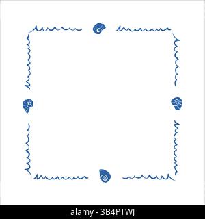 Quadratischer Meeresrahmen mit wellenförmigen, handgezeichneten Linien und blauen Muscheln im minimalen Doodle-Stil Stock Vektor