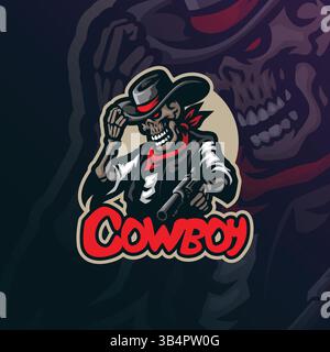 Cowboy-Maskottchen-Logodesign mit modernem Illustrationskonzept für Abzeichen, Emblem und T-Shirt. Schädel-Cowboy-Illustration. Stock Vektor