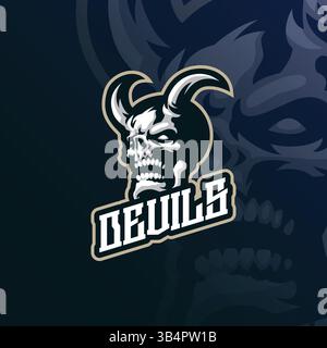 Devils Maskottchenlogodesign mit modernem Illustrationskonzept für Abzeichen, Embleme und T-Shirt. Illustration der Schädel-Teufel. Stock Vektor