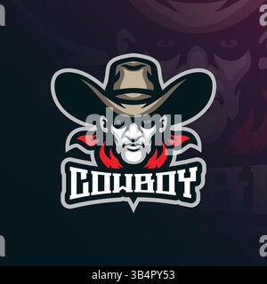Cowboy-Maskottchen-Logodesign mit modernem Illustrationskonzept für Abzeichen, Emblem und T-Shirt. Cowboykopf-Illustration. Stock Vektor