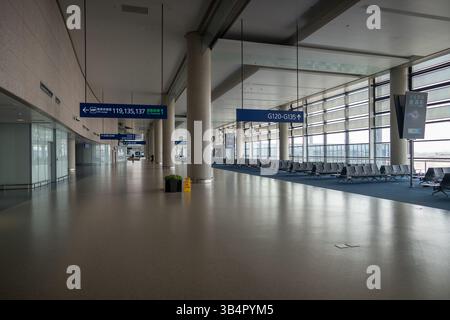 Leeres Terminal am Flughafen Shanghai Pudong mit hohen Fenstern und Überdachungstafeln zu den Toren Stockfoto