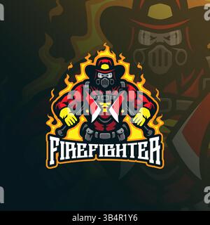Feuerwehrmaskottchen-Logodesign mit modernem Illustrationskonzept für Abzeichen, Embleme und T-Shirts. Starke Illustration der Feuerwehrleute. Stock Vektor