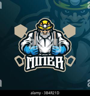 Miner Mascot-Logo mit modernem Illustrationskonzept für Abzeichen, Emblem und T-Shirt. Miner-Illustration für Sport- und E-Sport-Team. Stock Vektor