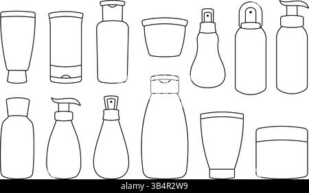 Set aus minimalistischen Flaschen für Hautpflege und Kosmetik in verschiedenen Stilen. Ideal für Kosmetik-, Gesundheits- oder Wellness-Designs. Stock Vektor