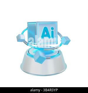 3D-Rendering-Symbol einer KI-Technologie, die maschinelles Lernen und Cybersicherheit symbolisiert. Stockfoto