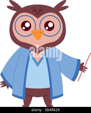 Eulen Lehrer Robe Pointer Bildung Smart Cartoon Blue Lektion Stock Vektor