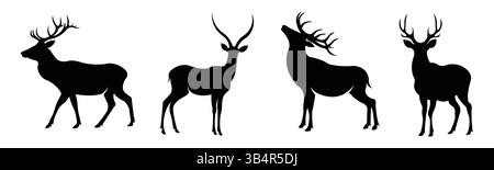 Silhouettenset aus Hirschen und Hirschen mit Geweihen in verschiedenen Posen Stock Vektor