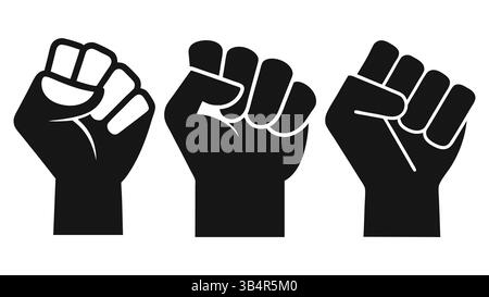 Satz von Vektorillustrationen mit erhobener Faust, die Solidarität und Stärke symbolisieren. Arbeitstag, Arbeitstag, Arbeitstag Konzept Stock Vektor