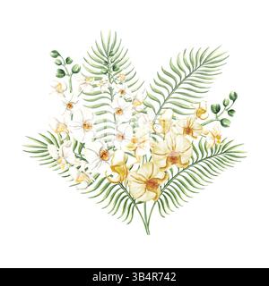 Aquarellorchideenblumen Zweige und tropische Blätter isolierte Illustration für Sommer-Regenwald-Designs. Handgezeichnete grüne Palme, phalaenopsis-Zweig Stockfoto