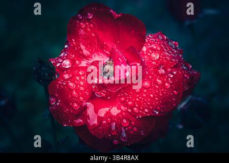 Eine leuchtende rote Rose mit Wassertropfen, die ihre weichen, samtigen Blütenblätter hervorheben. Die Nahperspektive erfasst die komplizierten Details. Stockfoto