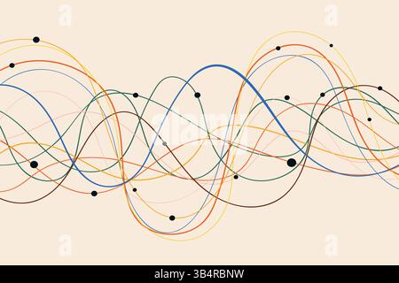 Buntes Wellenlinienmuster mit schwarzen Punkten auf beigefarbenem Hintergrund. Dynamische, spielerische Linien mit rhythmischem Fluss. Perfekt für Musikposter Stock Vektor