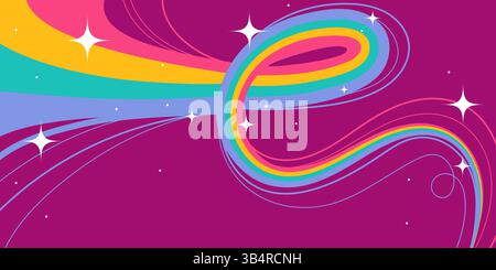 Farbenfrohes abstraktes Design mit kreiselnden Wellenlinien und funkelnden Sternen auf lila Hintergrund. Kosmische Retro-Bewegungen sorgen für lebendige Bewegungen. Perfekt für Stock Vektor
