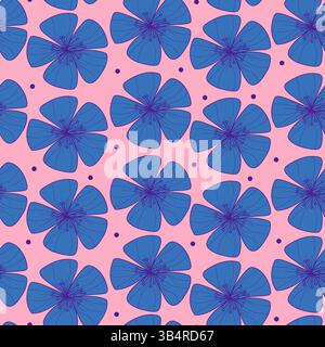 Feines blaues nahtloses Blumenmuster mit einfachen handgezeichneten Blüten auf rosa Hintergrund. Minimalistischer, mehrfarbiger Hintergrund mit Blumenmuster im Retro-Look. Ideal für Stock Vektor
