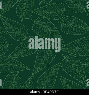 Blatt nahtloses Muster mit tropischen stilisierten grünen Blättern auf grünem Hintergrund. Verspielter und lebendiger Hintergrund mit tropischem Laub, auffälligen Formen Stock Vektor