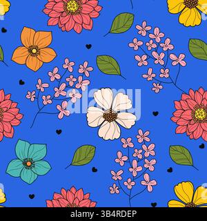 Buntes Blumenmuster mit Cartoonblüten auf hellem blauem Hintergrund. Verspieltes und fröhliches Blumendesign mit Blumen und Blättern. Perfekt für Stock Vektor