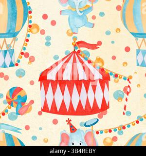 Handgezeichnete Aquarellillustration mit Elefanten, Ballons, Zelten und farbenfroher Dekoration auf gelbem Hintergrund. Für Kinderparty Stockfoto