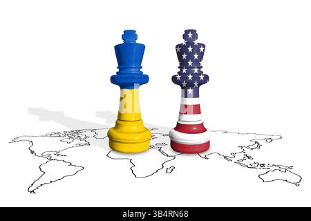 Schach aus ukrainischen und US-amerikanischen Flaggen Stockfoto