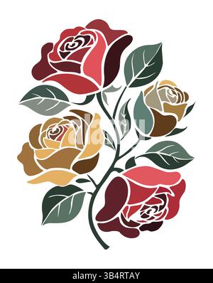 Mehrfarbiges Rosenstrauß mit grünen Blättern, Stängel Stock Vektor