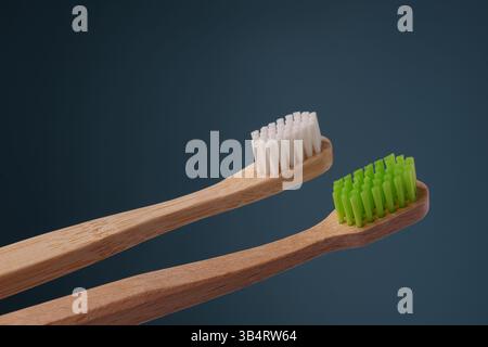Zwei hölzerne Zahnbürsten mit grünen und weißen Schilden auf blauem Hintergrund. Leerzeichen für Text. Stockfoto