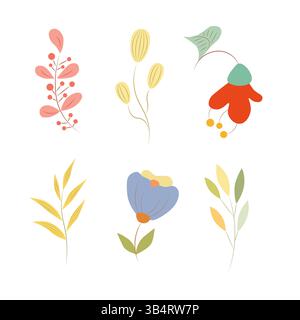 Buntes Set mit süßen Frühlingsblumen und bunten Zweigen und Blättern. Stock Vektor