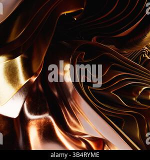 Abstrakter moderner kupferfarbener Hintergrund, gefaltete Bänder Makro, Modetapete mit welligen Schichten und Rüschen. 3D-Rendering Stockfoto