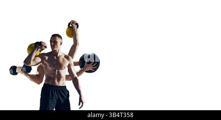 Muskulöser Mann mit Kettlebells, Kurzhanteln und Medizinball mit mehreren Armen isoliert auf weißem Hintergrund. Stockfoto