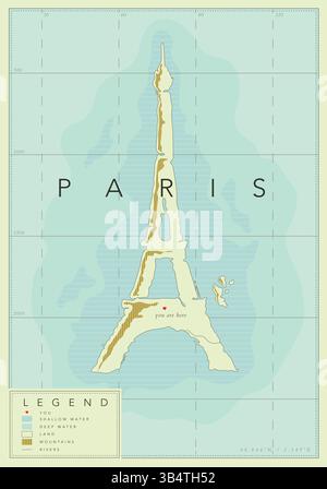 Paris geographische Karte mit eiffelturm, Legende und Koordinaten Posterzeichnung im alten Stil. Stock Vektor