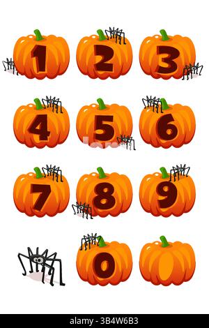 Kürbisse mit den Nummern 0-9 Schnitzereien zur Dekoration Halloween oder Thanksgiving Day. Spinne, Kürbis und Nummer für Ihre Design-Grußkarte, Poster Stock Vektor