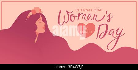 Happy International Womens Day Banner mit schöner langhaariger Frau im Blumenkranz. Frau mit langen, fließenden Haaren. Vektorabbildung Stock Vektor