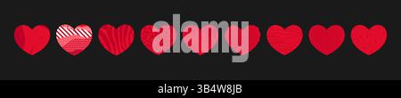 Rote Herzen mit verschiedenen Texturen. Textil, Grunge-Herz-Ikonen, Herz mit Tiermuster und abstraktem Muster. Vektorabbildung Stock Vektor