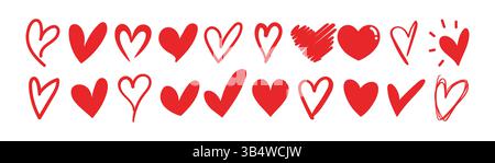 Hand gezeichnete Kritzelvektorherzen unterschiedlicher Form. Rote Herzenssymbole Stock Vektor