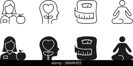 Health and Wellness Line und Solid Symbolsatz. Fitness, Achtsamkeit und Ernährung Symbol Kollektion. Abbildung Des Isolierten Vektors Stock Vektor