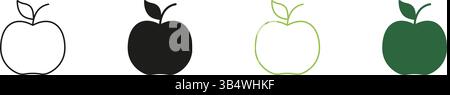 Apple Line und Silhouette Icon Set mit Blatt, gesunde Lebensmittel Auswahl und Bio Ernährung. Frisches Obst Diät und Wellness Outline und Solid Icon Stock Vektor