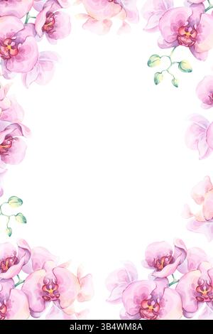 Rosafarbener Orchideenrahmen für Einladungen und Karten. Handgezeichnete botanische Aquarellillustration. Lichtdurchlässige Blüten. Elegantes Blumendesign. Ideal für Spa Stockfoto