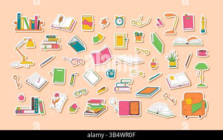 Bücher und Leseflecken mit bunten Aufklebern Stock Vektor