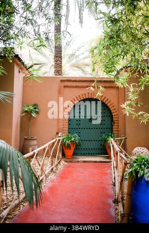 15. April 2025: Marrakesch, Marokko. Blick auf die farbenfrohe Mauer des Herrenhauses und Topfpflanzen im Majorelle-Garten (ehemaliger Besitzer des Modegurus Yves Saint Lau) Stockfoto
