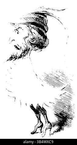 Diese Illustration von Emile Marcelin aus „Le Monde illustré“ aus dem Jahr 1858 zeigt Stello de Nici (Bonnehée), eine Figur aus Halévys Oper „La magicienne“, mit einem skurrilen Ausdruck, der die fantastischen und magischen Elemente der Oper einfängt. Stockfoto