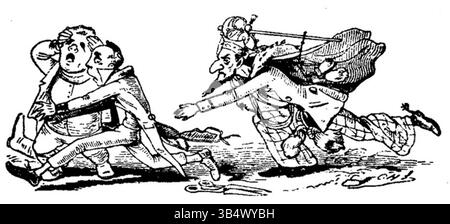 Illustration aus der Ausgabe 1846 von Fliegende Blätter, einer deutschen Satirezeitschrift. Diese Illustration stammt aus Band 2, Ausgabe 38, Seite 107, die den humorvollen und sozialen Kommentarstil der Publikation veranschaulicht. Stockfoto