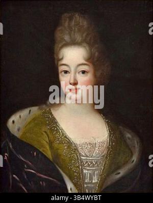 Pierre Goberts Porträt von Marie Anne de Bourbon, Prinzessin von Conti, aus dem späten 17. Jahrhundert spiegelt die Eleganz des französischen Adels während der Regierungszeit Ludwigs XIV. Wider. Das Gemälde unterstreicht königliche Mode und Anmut. Stockfoto