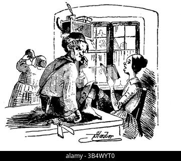 Illustration von Carl Stauber aus der Ausgabe 1846 der „Fliegende Blätter“, einer deutschen Satirezeitschrift. Das Bild erscheint in Band 2, Ausgabe 41, Seite 129. Stockfoto