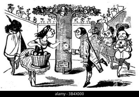 Diese Illustration aus der Ausgabe 1846 der Fliegenden Blätter setzt sich mit Karikatur humorvoll mit dem politischen und sozialen Klima in Deutschland Mitte des 19. Jahrhunderts auseinander. Durch übertriebene Darstellungen kritisiert das Magazin zeitgenössische politische Persönlichkeiten und Ereignisse. Stockfoto