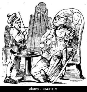 Eine Illustration aus der Ausgabe 1846 der „Fliegende Blätter“, einer deutschen Satirezeitschrift, zeigt eine humorvolle Szene. Das Artwork, das in Band 2, Ausgabe 32, zu sehen ist, ist eine satirische Darstellung, die typisch für den komödiantischen Umgang des Magazins mit zeitgenössischen Ereignissen ist. Stockfoto
