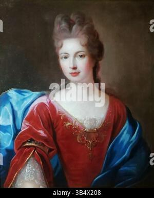 Dieses Porträt aus der Werkstatt von Nicolas de Largillière zeigt Anne Louise Bénédicte de Bourbon, Herzogin von Maine, Mitglied des französischen Adels. Sie war bekannt für ihr politisches Engagement und ihre intellektuellen Zusammenkünfte in ihrem château. Stockfoto