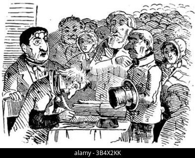 Diese Illustration von Graf Franz Pocci aus der Ausgabe 1846 der Fliegenden Blätter fängt einen Moment der deutschen Kultur des 19. Jahrhunderts ein und zeigt eine humorvolle oder satirische Szene, die für den Stil der Publikation typisch ist. Stockfoto