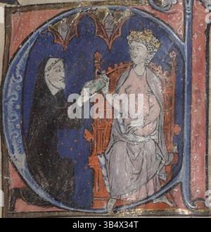 Eine Miniatur aus Paris, Bibliothèque Sainte-Geneviève, MS 782, Folio 1r, die Primat von Saint-Denis darstellt, die die erste Kopie der Grandes Chroniques de France an König Philipp III. Präsentiert. Die Miniatur stammt aus der Zeit um 1275–1280. Stockfoto