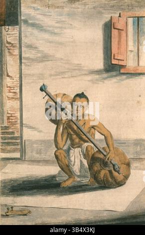 Diese Ätzung von Frans Balthazar Solvyns aus dem Jahr 1799 zeigt ein „Kuplyans“ oder „bin“, ein traditionelles Objekt in der indischen Kultur. Das Werk ist Teil einer größeren Sammlung von farbigen Radierungen, die das Leben und die Bräuche Indiens veranschaulichen. Stockfoto