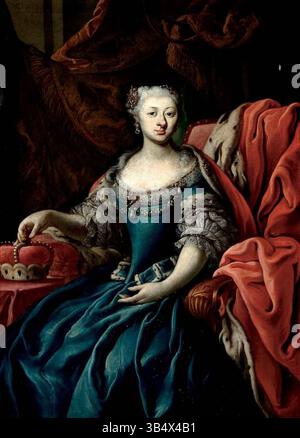 Dieses Porträt aus dem 18. Jahrhundert, fälschlicherweise als Maria Theresia von Österreich bezeichnet, zeigt eine nicht identifizierte Dame in königlicher Kleidung. Das Porträt ist charakteristisch für europäische Porträts aus dem 18. Jahrhundert, die in Öl auf Leinwand ausgeführt wurden. Stockfoto