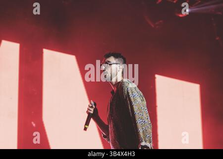 12. Juli 2018 in Rom, Italien: Carl Brave Carlo Luigi Coraggio tritt live auf der Bühne im Rock in Ippodromo delle Capannelle auf. (Kreditbild: © Valeria Magri/SOPA Images via ZUMA Press Wire) Stockfoto
