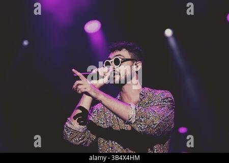 12. Juli 2018 in Rom, Italien: Carl Brave Carlo Luigi Coraggio tritt live auf der Bühne im Rock in Ippodromo delle Capannelle auf. (Kreditbild: © Valeria Magri/SOPA Images via ZUMA Press Wire) Stockfoto